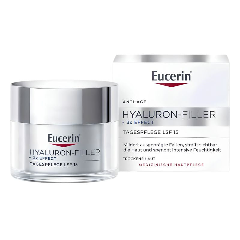 Eucerin Hyaluron-Filler + 3x Effect anti-age facial cream jar next to its white and silver packaging box, shown on a clean white background.