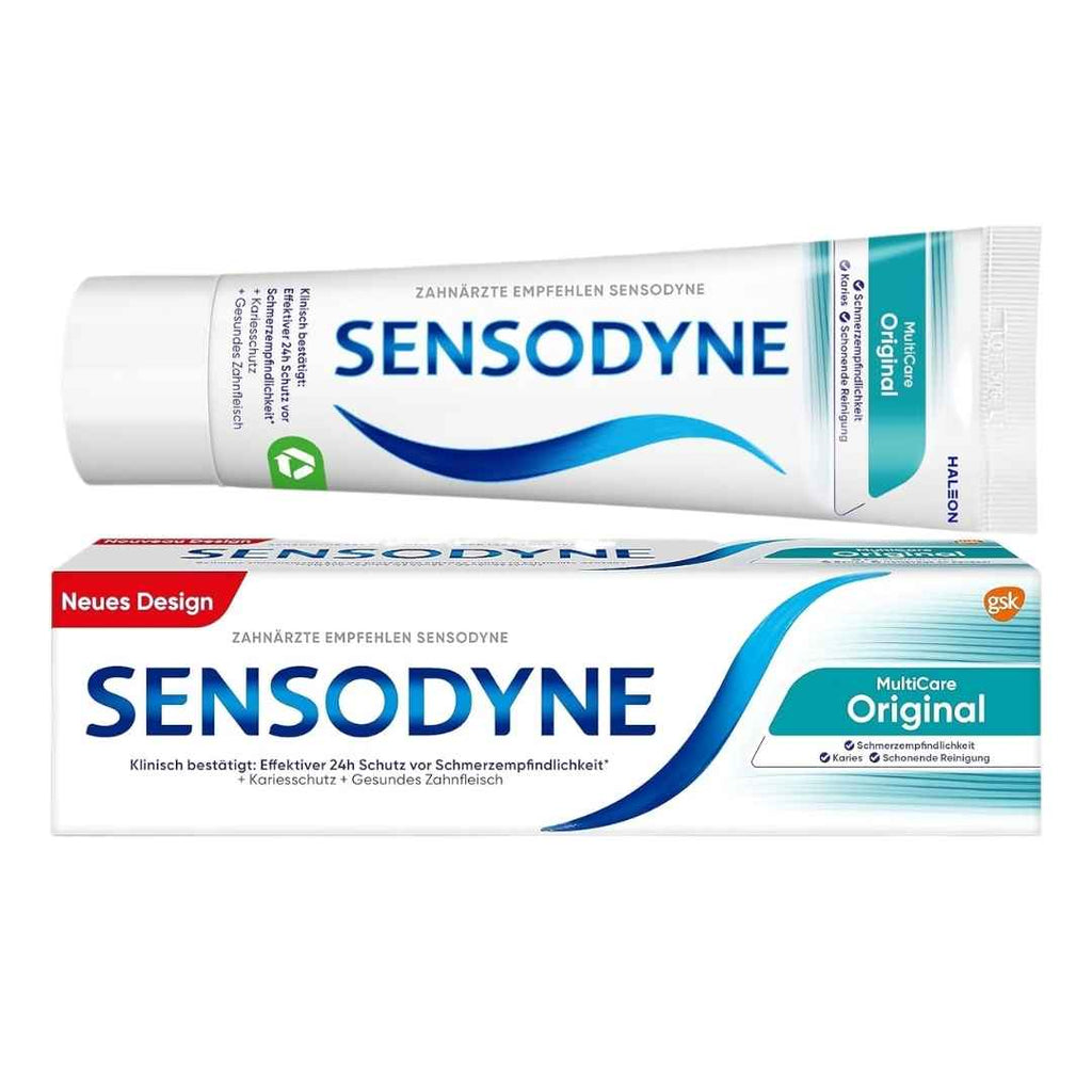 Two Sensodyne toothpaste tubes on a white background