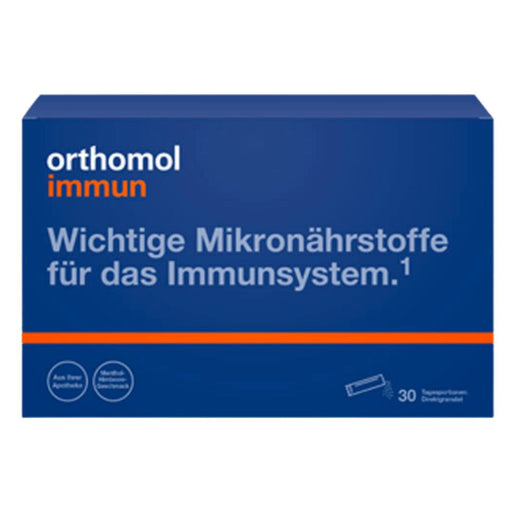 Orthomol Immun is food supplements with micronutrients to support the immune system, with vitamin C, vitamin D and zinc. A sachet with powdery granules in raspberry menthol flavor for direct consumption.
