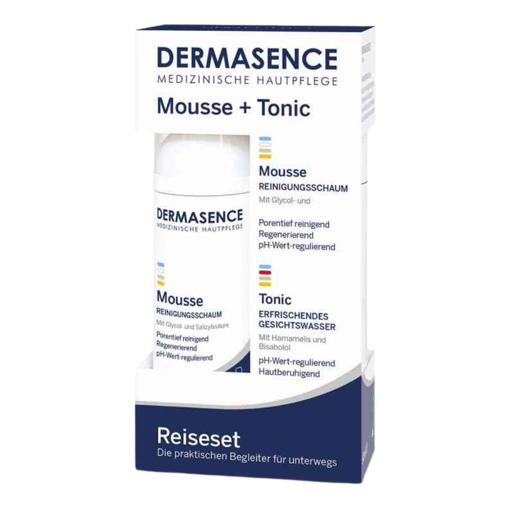 Dermasence travel set packaging with mousse and tonic on a white background