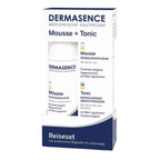 Dermasence travel set packaging with mousse and tonic on a white background