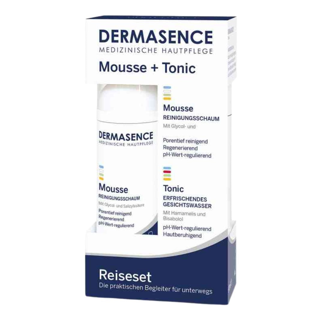 Dermasence travel set packaging with mousse and tonic on a white background