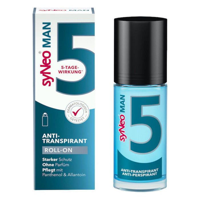 With classic 5-day effect, syNeo 5 Man Antitranspirant Roll-On protects against sweat and unpleasant body odour in the armpits and other body areas.  One bottle lasts for over 70 applications on the armpits for 5 days each and lasts up to 12 months