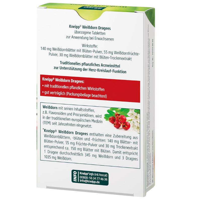 A white rectangular product box for Kneipp' Weilddrassee herbal tablets, photographed on a plain white background. The box shows German text, a red informational banner, a small photo of red berries, and a green Kneipp logo at the bottom.
