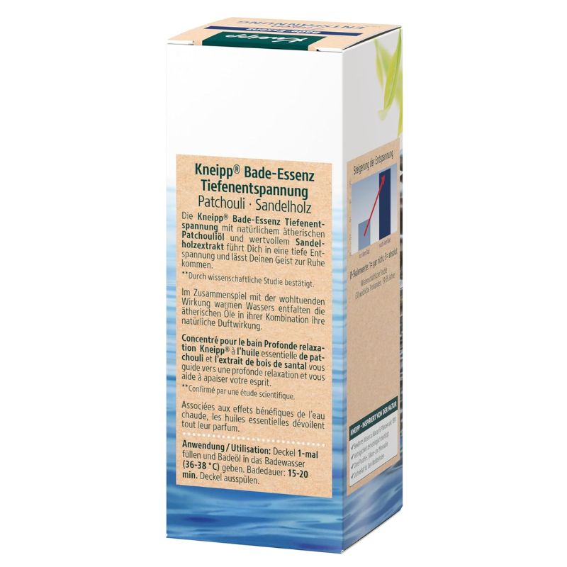 A boxed product labeled 'Kneipp Bade-Essenz Tiefenspannung Patchouli & Sandelholz' shown upright on a plain white background. The package is mostly white with beige text panels and blue gradient bands near the bottom.