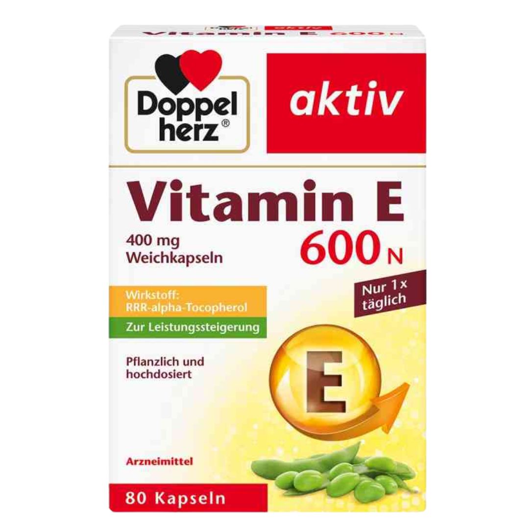 Doppelherz Vitamin E 600N supplement box on a white background