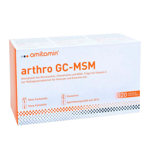 amitamin® arthro GC-MSM is tformulated with glucosamine, chondroitin, vitamin C and MSM. amitamin® arthro GC-MSM contributes to collagen production for cartilage and bones (vitamin C).  glucosamine chondroitin MSM  Glucosamine is an amino sugar that occurs naturally in the human body. Glucosamine is needed to build the cartilage structure. amitamin arthro GC-MSM contains 1,400 mg glucosamine sulfate per daily dose.