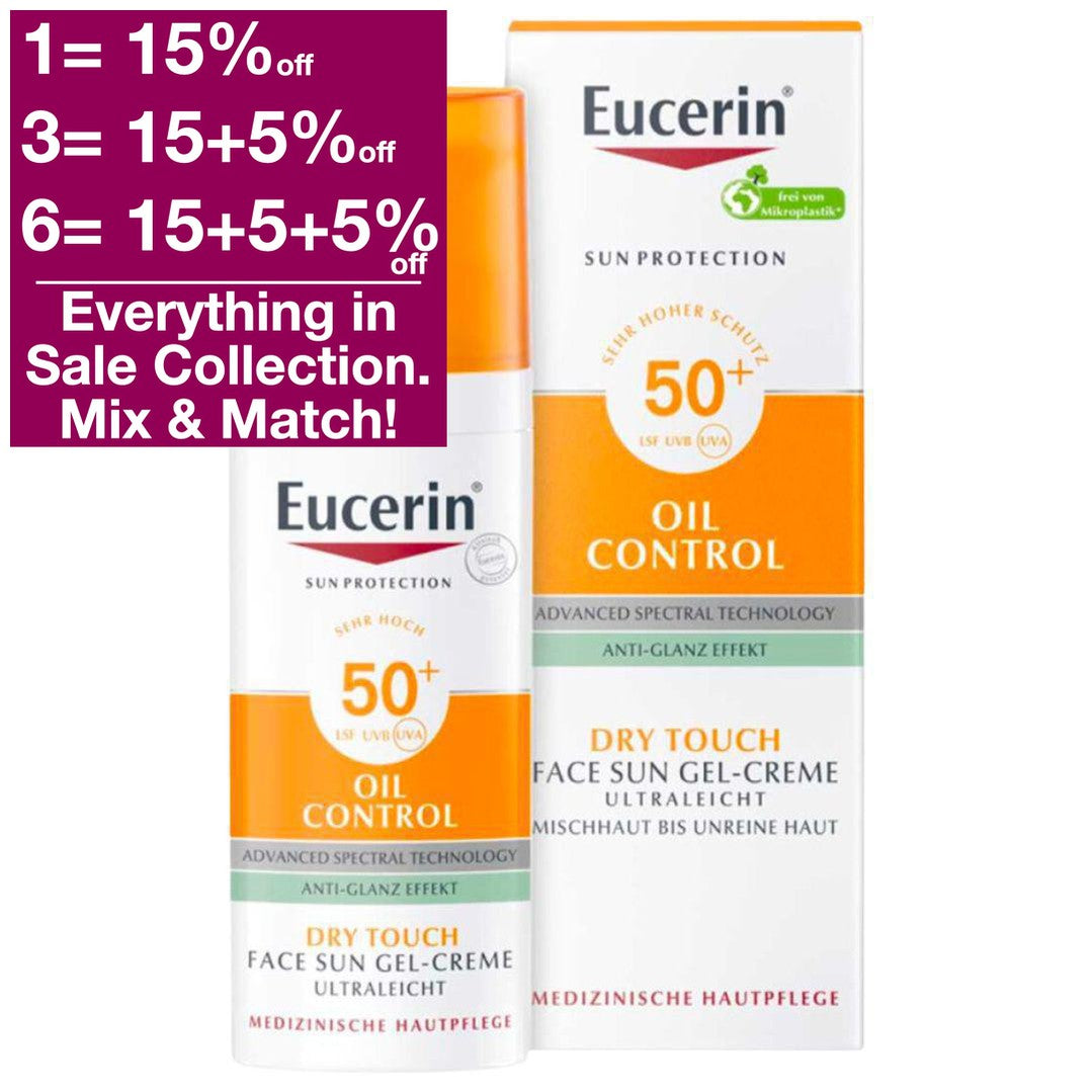 Eucerin Oil Control Sun Gel Cream SPF50+ 50ml provides trusted protection from the sun's rays with its Advanced Spectral Technology, specially formulated for oily, impure and acne prone skin. It boasts an 8-hour anti-shine effect and matte finish, plus UVA/UVB filters to block out harmful UV rays while Licochalcone A protects against free-radicals and Glycyrrhetinic acid repairs skin’s DNA. VicNic.com