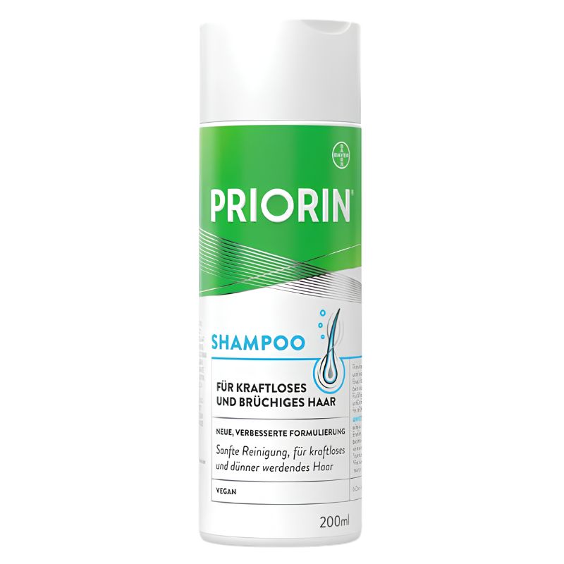 A 200ml bottle of PRIORIN Shampoo for dry and thinning hair, featuring a white and green label with blue accents, set against a plain white background.