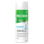 A 200ml bottle of PRIORIN Shampoo for dry and thinning hair, featuring a white and green label with blue accents, set against a plain white background.