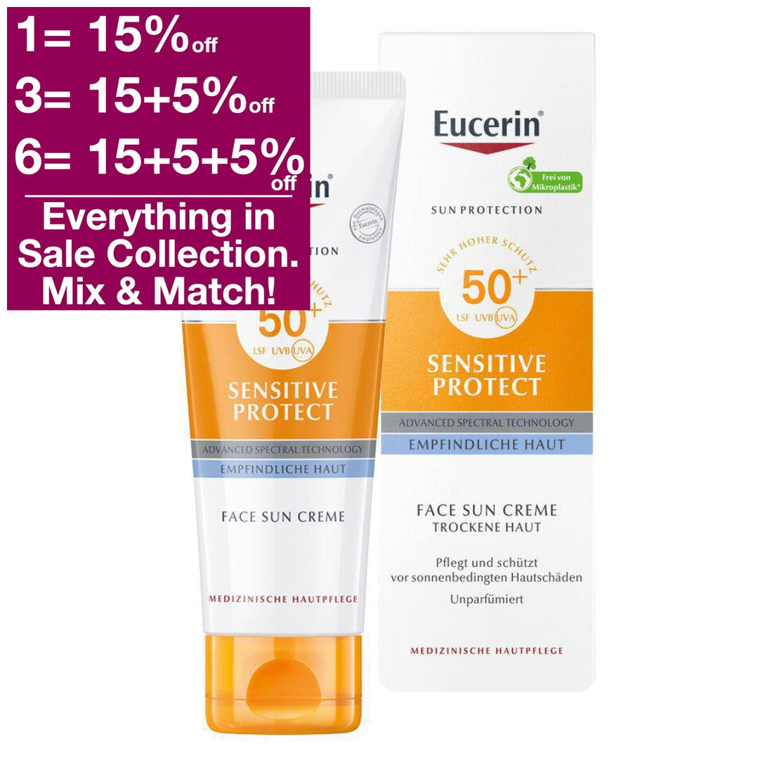 Eucerin Sensitive Protect Face Sun Cream SPF 50+ offers powerful UVA/UVB protection with Advanced Spectral Technology. Its light texture and unnoticeable scent make it ideal for everyday use. Licochalcone A helps to combat oxidative damage from UV rays and high-energy visible light, while glycyrrhetinic acid helps to repair skin cells. Perfect for those with dry or sensitive skin.