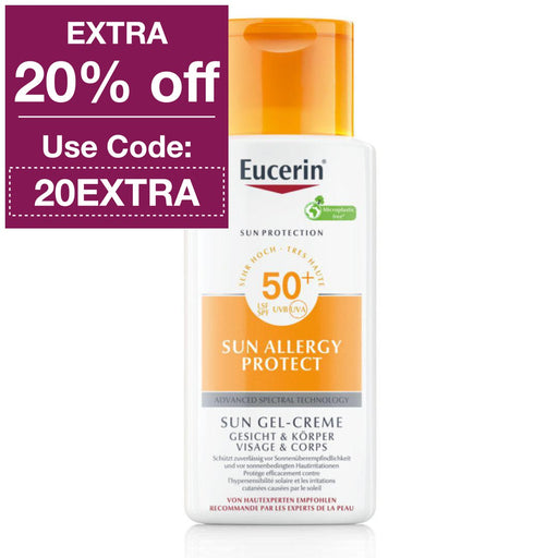 Eucerin Sun Cream-Gel Sun Allergy Protect SPF 50+ shields skin from sun allergy & sun-induced harm. Formulated for sensitive skin. Non-greasy, non-sticky & penetrates promptly. Highly waterproof & sweatproof. Odorless. VicNic.com