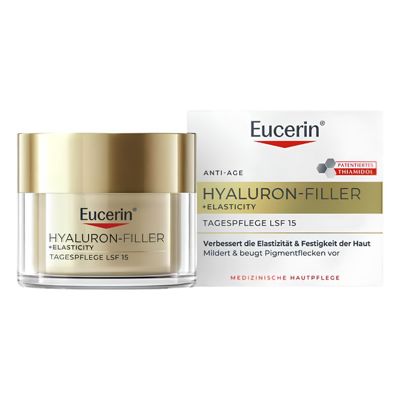 Eucerin Hyaluron-Filler + Elasticity anti-age skincare set, featuring a clear jar with a metallic gold lid and a white and gold product box on a plain white background.