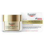 Eucerin Hyaluron-Filler + Elasticity anti-age skincare set, featuring a clear jar with a metallic gold lid and a white and gold product box on a plain white background.