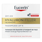 Front of a white Eucerin skincare box for Hyaluron-Filler + Elasticity, with black text, a gold horizontal band, and a red Eucerin logo on a plain white background.