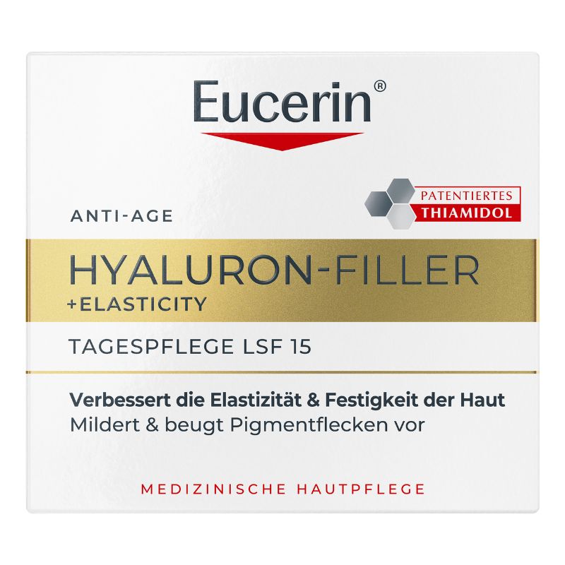 Front of a white Eucerin skincare box for Hyaluron-Filler + Elasticity, with black text, a gold horizontal band, and a red Eucerin logo on a plain white background.