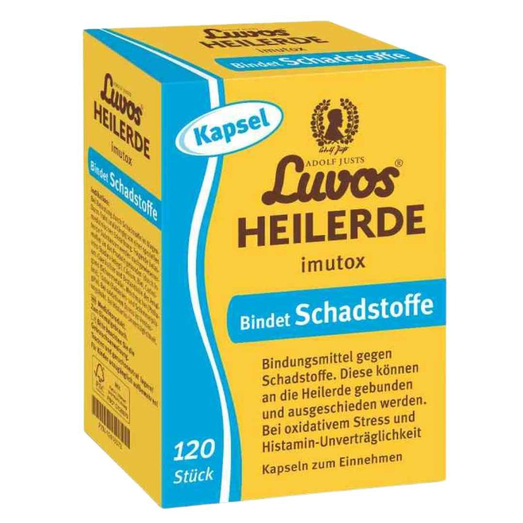Yellow and blue box of Luvos Heilerde imutox capsules on a white background