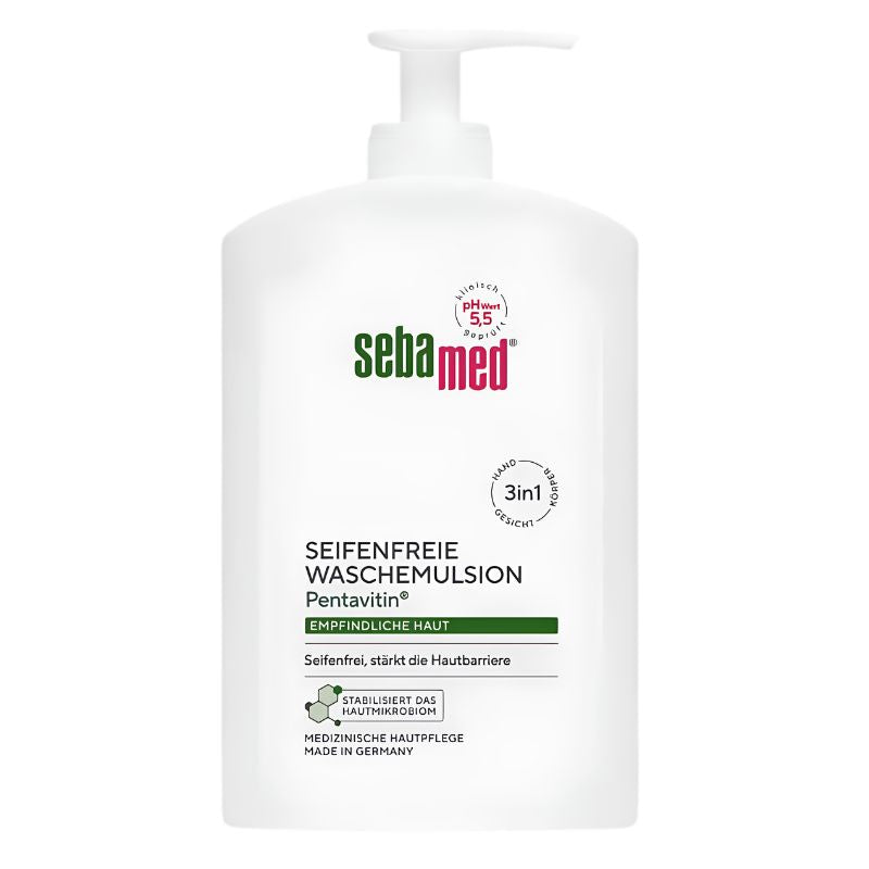 A white pump bottle of Sebamed Pentavitin Seifenfreie Waschemulsion on a plain white background.