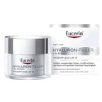 Eucerin Hyaluron-Filler + 3x Effect anti-age daily care cream jar next to its white and silver packaging box on a clean white background.