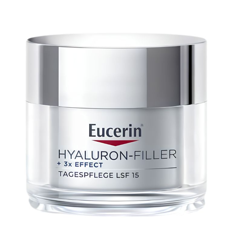 Eucerin Hyaluron-Filler + 3x Effect Tagespflege LSF 15 cream jar, featuring a reflective silver metallic lid and a clear glass container with black and red text on a white background.