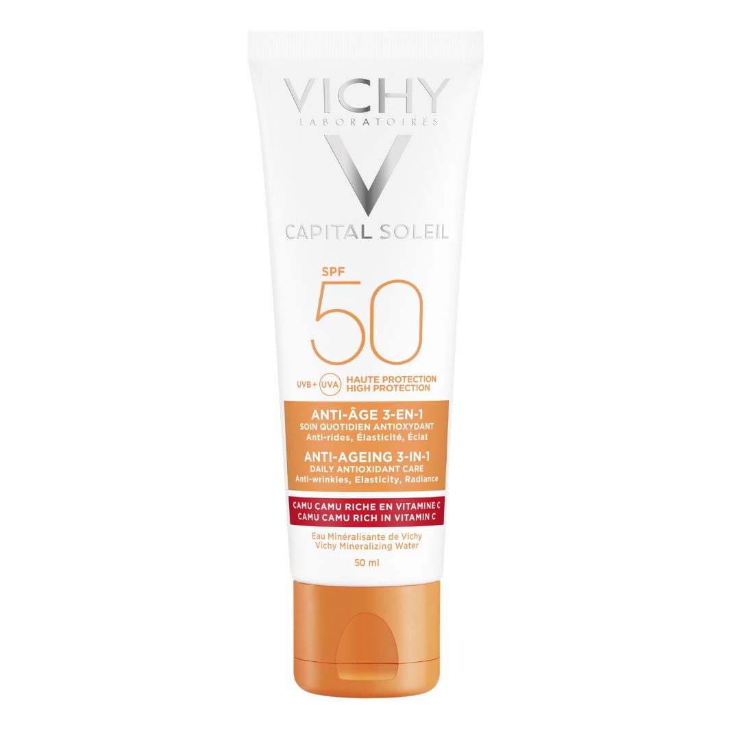 Vichy sunscreen cream bottle with SPF 50 on a white background
