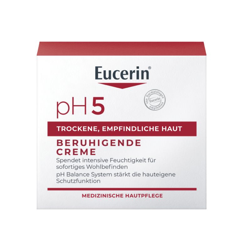 A rectangular white box of Eucerin pH 5 Beruhigende Creme on a plain white background, featuring red accents and black text.