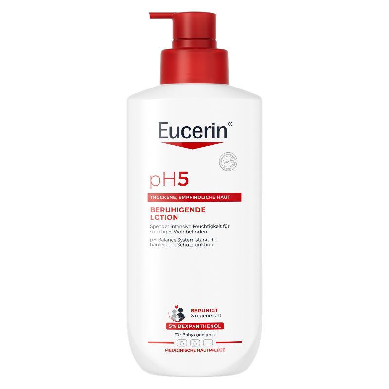A white bottle of Eucerin pH5 Calming Lotion with a red pump dispenser, shown against a plain white background.