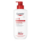 A bottle of Eucerin pH5 Protective Humidifying Washcloth for face and body, featuring a white bottle with a red pump dispenser and red and black text.