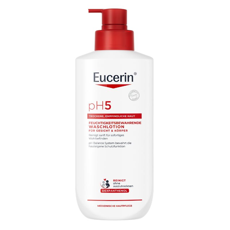A bottle of Eucerin pH5 Protective Humidifying Washcloth for face and body, featuring a white bottle with a red pump dispenser and red and black text.