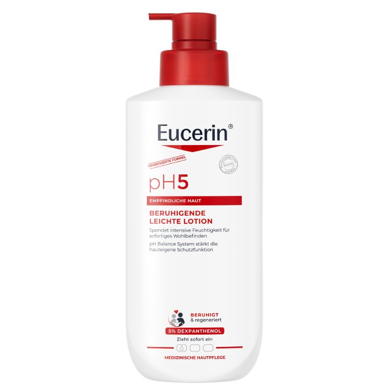 A white bottle of Eucerin pH5 Lotion with a red pump dispenser, shown against a plain white background.