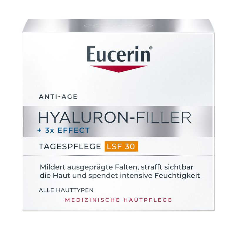 Eucerin Hyaluron-Filler Anti-Age Daily Care LSF 30 box, featuring a white and silver design with a red accent logo and orange text highlighting the LSF 30 variant.