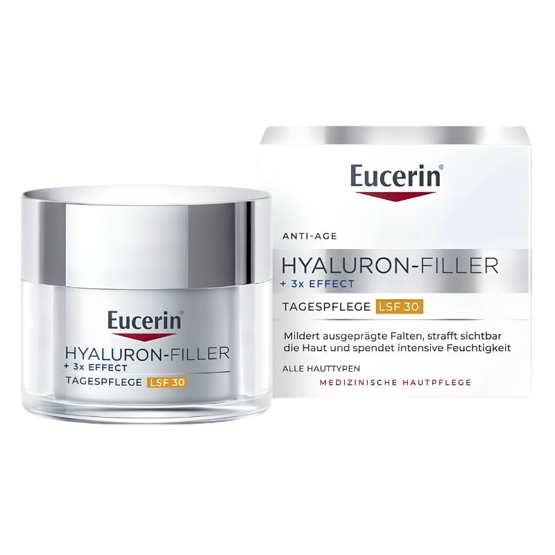 Eucerin Hyaluron-Filler + 3x Effect anti-age daily care jar with its white and silver packaging box, shown on a clean white background.