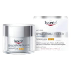 Eucerin Hyaluron-Filler + 3x Effect anti-age daily care jar with its white and silver packaging box, shown on a clean white background.