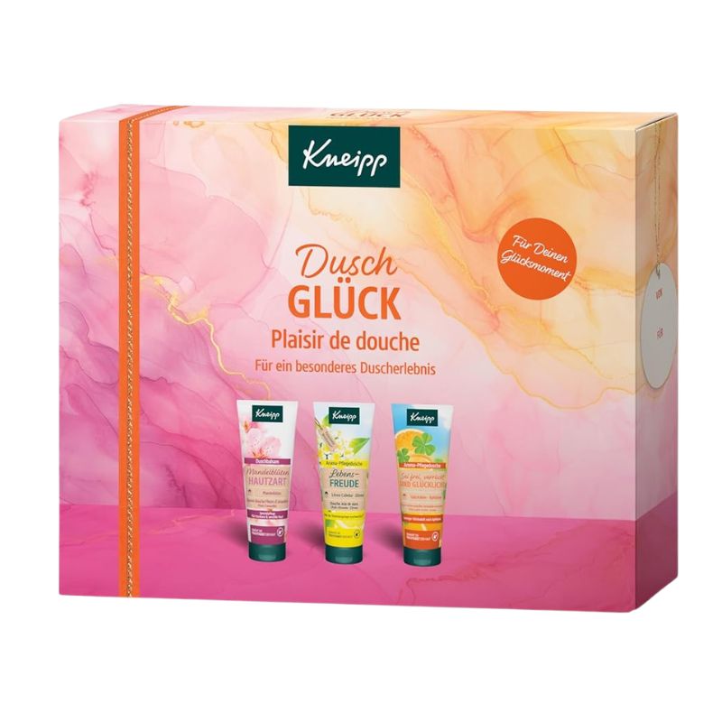 Kneipp Dusch GLÜCK shower gift set in a pink and orange marbled box, featuring three individual shower gel tubes displayed on the front.