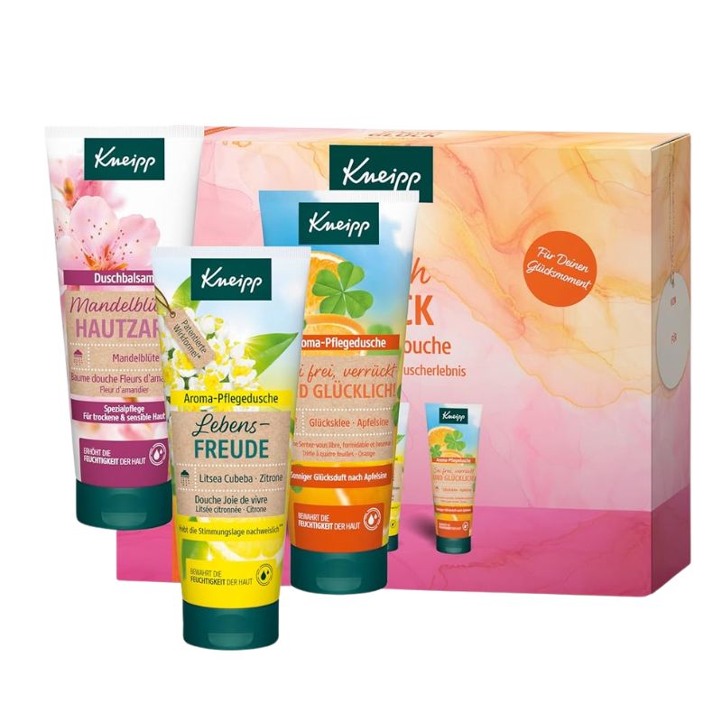 Kneipp facial care gift set featuring three tubes of facial lotions and a matching gift box with a pink and orange watercolor design.