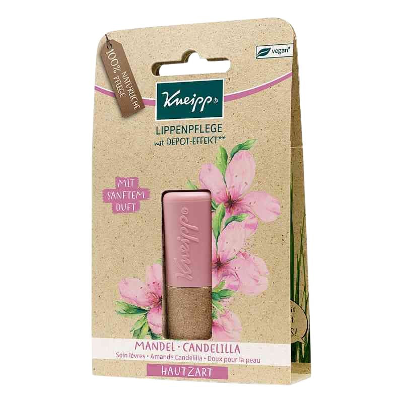 Kneipp Lippenflege lip treatment in a cardboard pouch with pink floral graphics and a visible pink-and-tan stick product labeled Kneipp.
