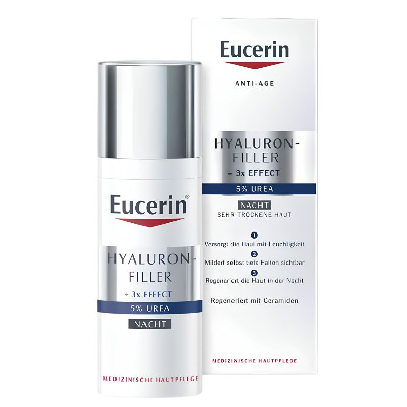 Eucerin Hyaluron-Filler + 3x Effect 5% Urea anti-age cream shown in a white pump bottle with a metallic silver cap, next to its matching white and silver retail box on a clean white background.