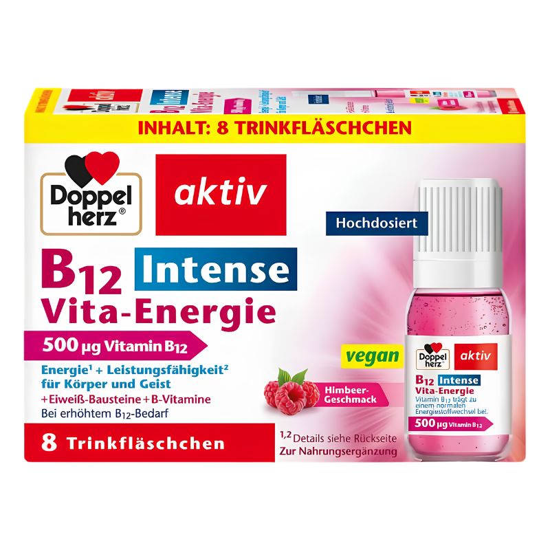 Doppel herz aktiv B12 Intense Vita Energie supplement box containing 8 pink drink flasks, with a single bottle shown on the front of the packaging.
