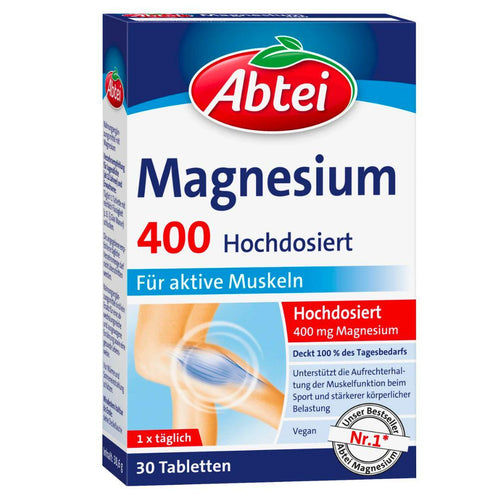 Abtei Magnesium 400 contains high-dose magnesium, which i.a. supports energy metabolism. In addition, an adequate supply of magnesium is important for maintaining normal muscle function. With sports and high physical stress, but also with an active everyday life, you should therefore ensure that you have an adequate supply of magnesium