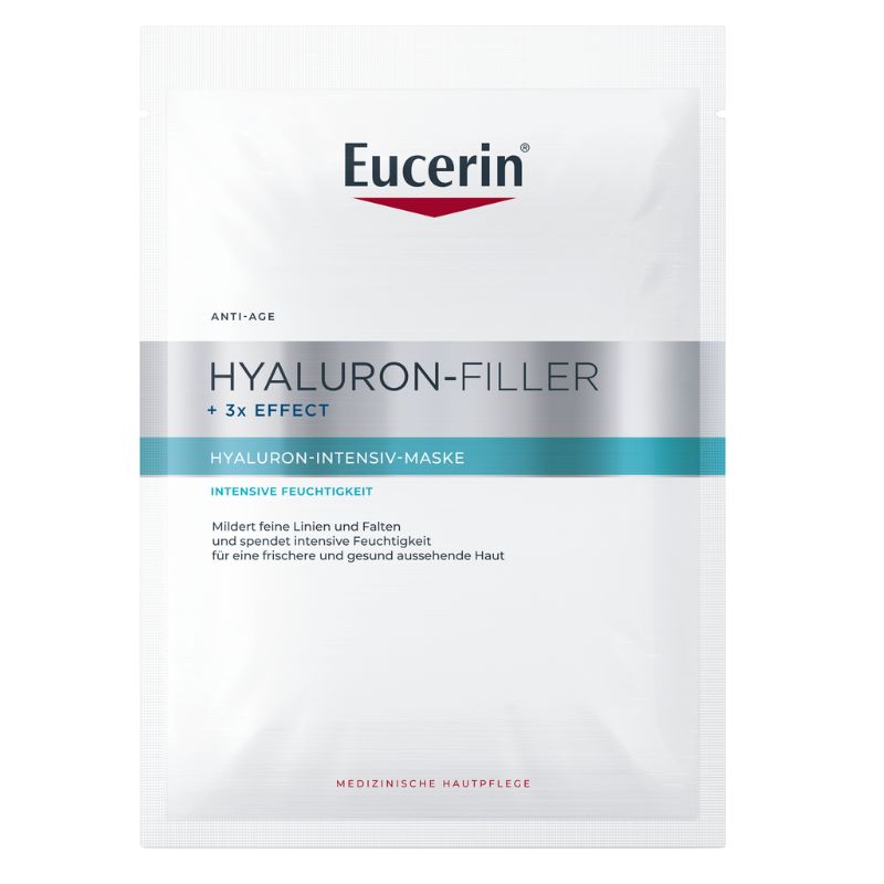 Eucerin Hyaluron-Filler + 3x Effect Hyaluron-Intensiv-Maske in a white resealable pouch with a silver and teal band, on a white background.