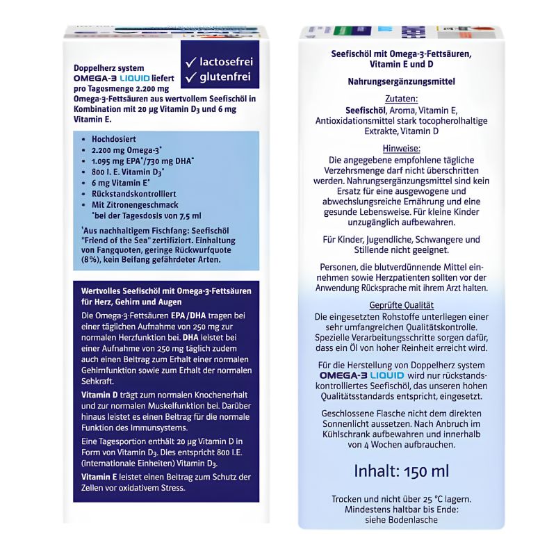 A German product information card for Dopseler system OMEGA-3 LIQUID 3er Liefer. The card features a white background with blue and green text, detailing the contents, ingredients, benefits, and storage instructions for the fish oil supplement.