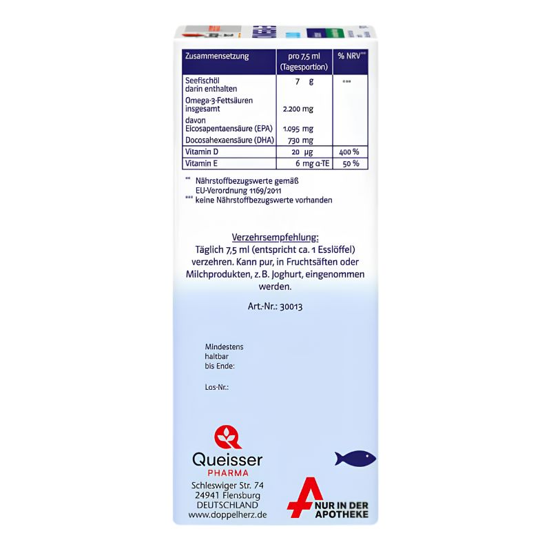A tall, narrow white medicine box with a blue-to-light-blue gradient design, featuring a dark blue table of ingredients at the top and the Queisser Pharma logo at the bottom, photographed on a plain white background.