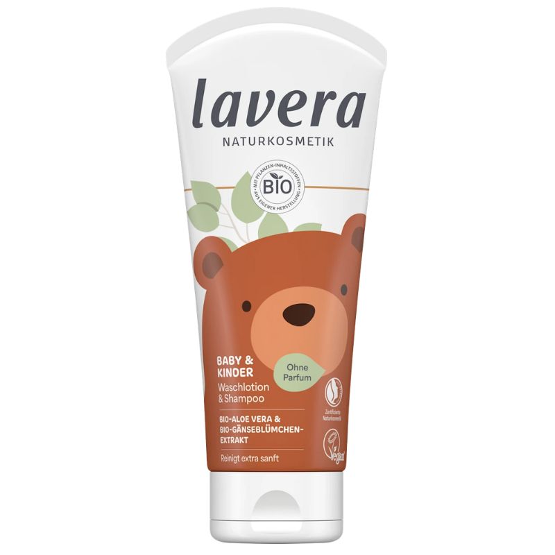 A tube of Lavera Naturkosmetik baby and children shampoo and conditioner, featuring a brown bear illustration on a white background.