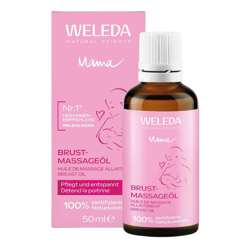Weleda Natural Science Mama Breast Massage Oil 50ml bottle next to its pink packaging box, on a white background.