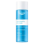 A bottle of Eucerin Dermato Clean hydrating tonic with a white cap and a blue and white label, shown on a plain white background.