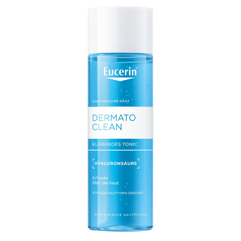 A bottle of Eucerin Dermato Clean hydrating tonic with a white cap and a blue and white label, shown on a plain white background.