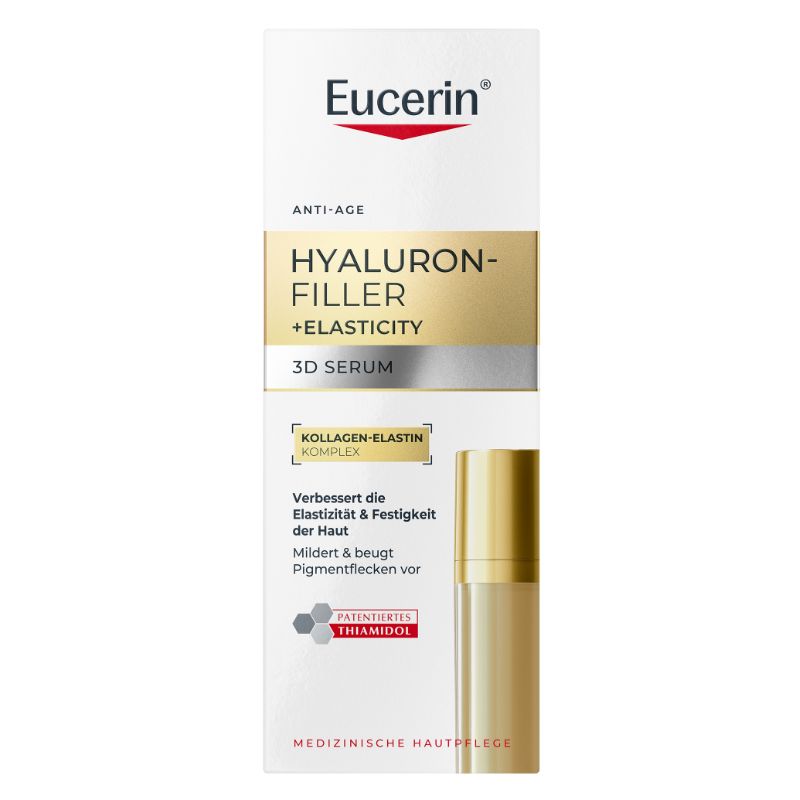 Eucerin Anti-Age Hyaluron-Filler + Elasticity 3D Serum in a white and gold box with a partial view of the gold serum bottle on the right side.
