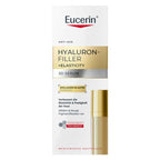 Eucerin Anti-Age Hyaluron-Filler + Elasticity 3D Serum in a white and gold box with a partial view of the gold serum bottle on the right side.