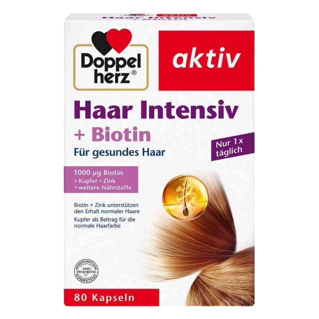 Doppelherz Haar Intensiv + Biotin supplement box on a white background