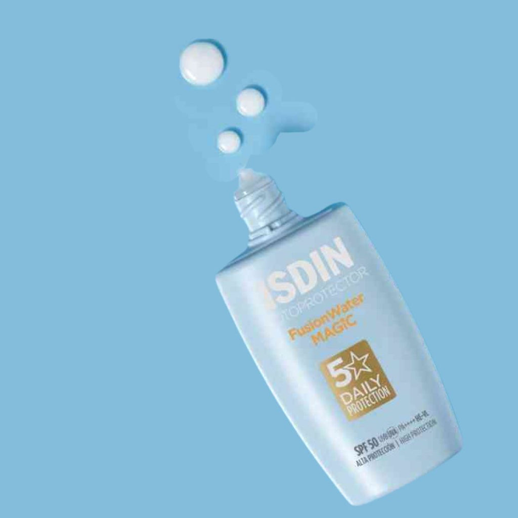 Fresenius Kabi Isdin bottle with liquid being dispensed on a light blue background